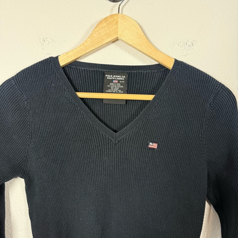 Vintage Polo Jeans Ralph Lauren V-Neck Ribbed Sweater Navy Blue M - Picture 4 of 8